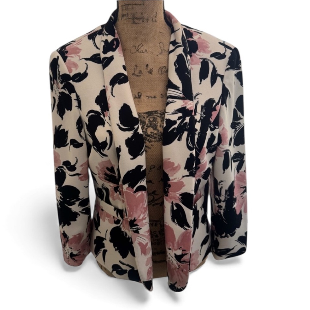 Evan-Picone Black Label 3/4 Sleeve Blazer Jacket White Floral Women’s Sz 10 EUC